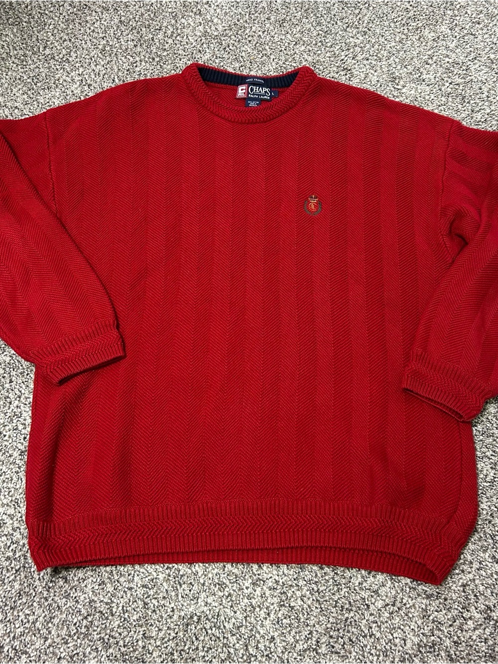VTG Chaps Ralph Lauren Men's Knit Crew Neck Sweater Large Red Hand Framed Crest
